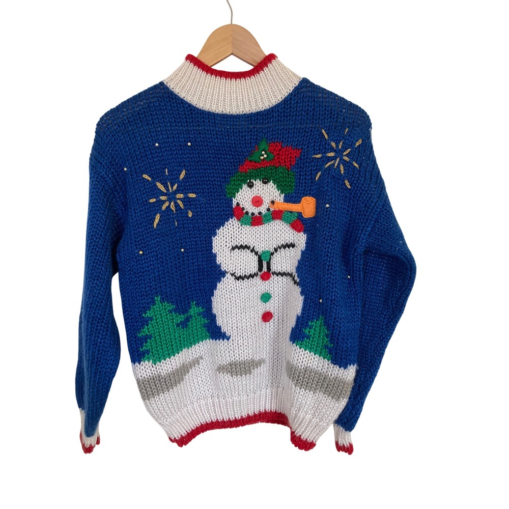 Color Cues Vintage Hand Knitted Snowman Christmas Sweater Blue Mock Neck Small